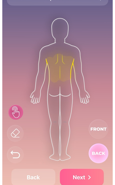 Body map screen with the lower back painted